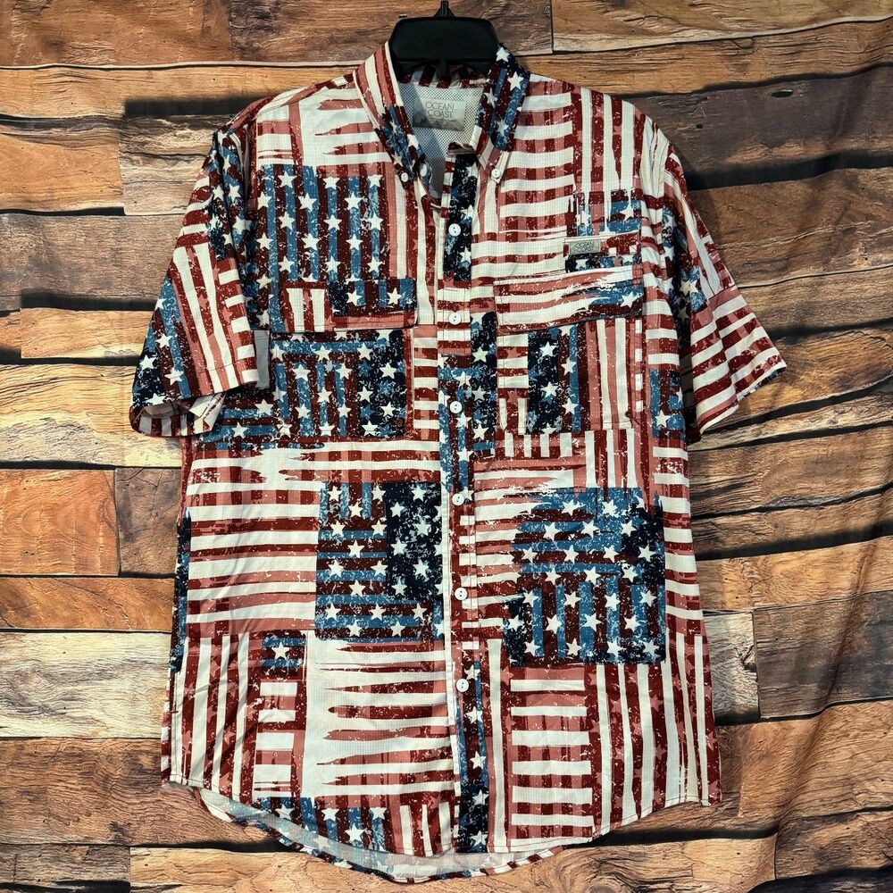 Ocean Coast Men's Red White Blue Flag Casual Button-Down Shirt M Polyester